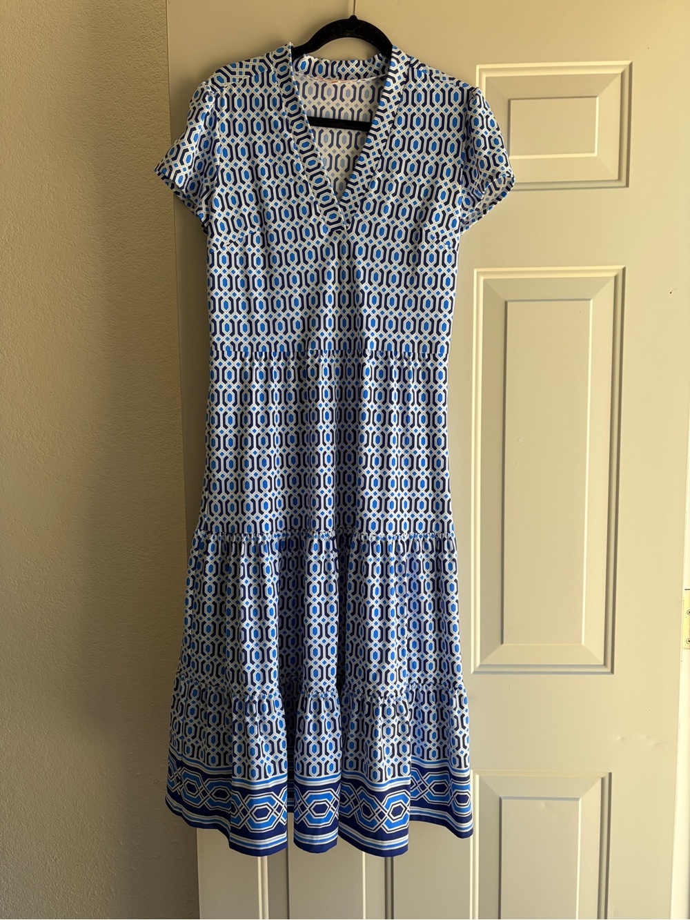 Jude Connally Blue and White Geometric V-Neck Tiered Midi Dress